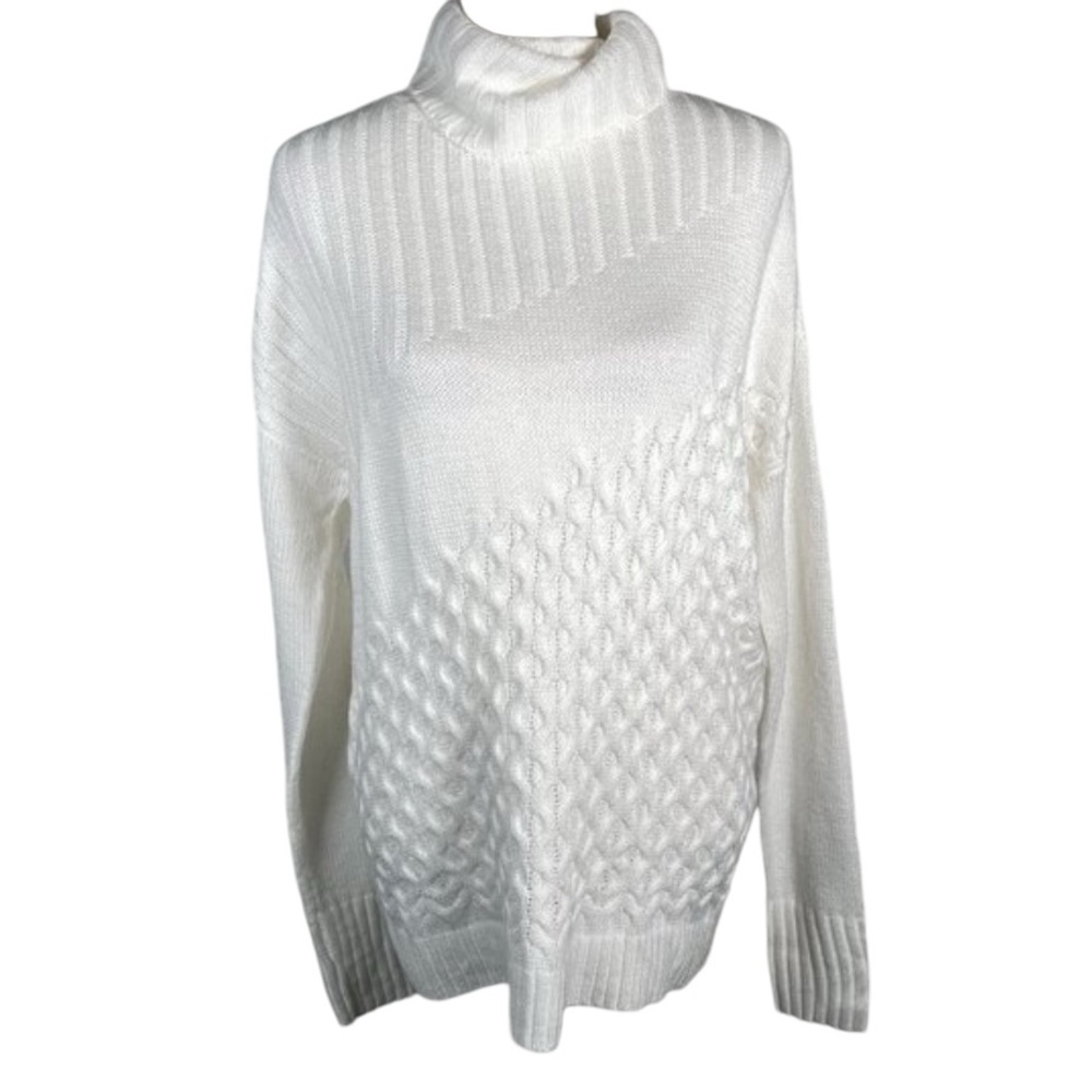 Nine West White Turtleneck Tight Cable Knit Long Sleeve Stretchy Sweater S